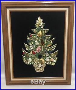Vintage Brooch Pin Jewelry Pearl Framed Art Christmas Tree with Lights Black Felt