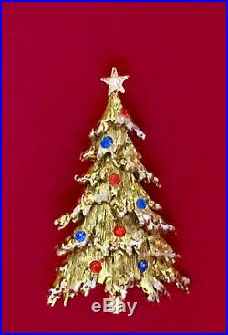 Vintage Brooch Pin SIGNED EISENBERG Christmas Tree Red Rhinestone Gold tone