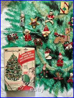 Vintage CHRISTMAS TREE DOOR COVER 23 ORNAMENTS ORIG BOX Spun Cotton 1950-60s