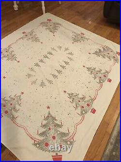 Vintage California Hand Prints MCM Aluminum Christmas Trees Tablecloth 52X64