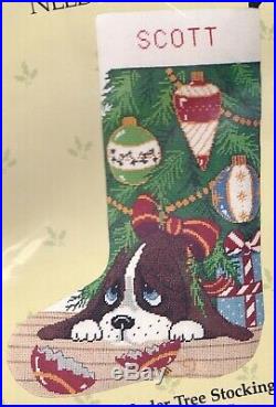 Vintage Candamar Puppy Under Tree Christmas Dog Needlepoint Stocking Kit 30454