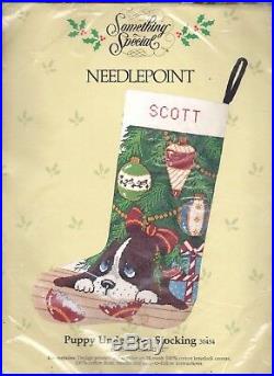 Vintage Candamar Puppy Under Tree Christmas Dog Needlepoint Stocking Kit 30454