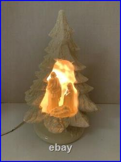 Vintage Ceramic 13 White Christmas Tree With Lighted Nativity Pre-Owned