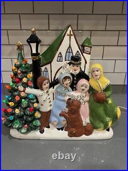 Vintage Ceramic Atlantic Mold Christmas Tree Church Family Carolers 1969 Lighted