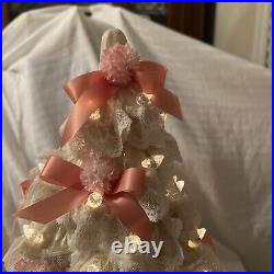 Vintage Ceramic CHRISTMAS TREE Iridescent Pearl White Lace Pink Bow lighted 22