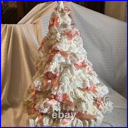 Vintage Ceramic CHRISTMAS TREE Iridescent Pearl White Lace Pink Bow lighted 22