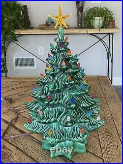 Vintage Ceramic Christmas Tree 15 Lights Star Base Green