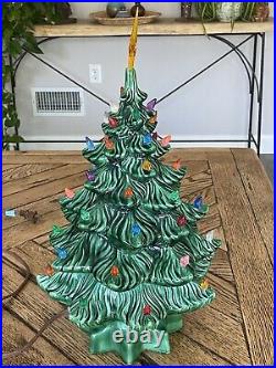 Vintage Ceramic Christmas Tree 15 Lights Star Base Green