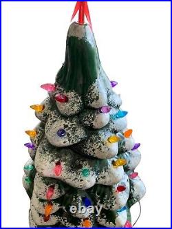 Vintage Ceramic Christmas Tree 18 In. Flocked with Holly Berry Base. Small Flaw