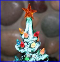 Vintage Ceramic Christmas Tree 2 Piece 17 Tall 12 Wide Flocked Snowy Green Tree