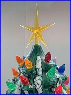 Vintage Ceramic Christmas Tree & Base Holland Mold Lights Star Snow Flocked 18