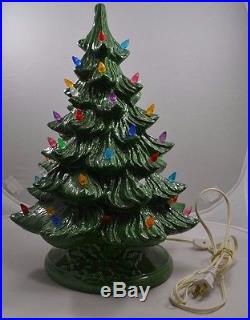 Vintage Ceramic Christmas Tree Colored Lights Holly Base Lighted 1980 Embossed