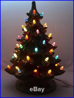 Vintage Ceramic Christmas Tree Colored Lights Holly Base Lighted 1980 Embossed