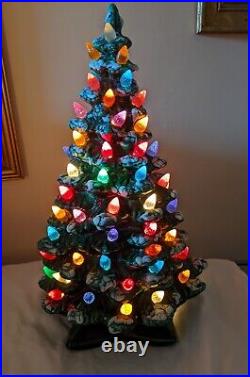 Vintage Ceramic Christmas Tree Flocked 14 Multi-Color Lights withStar Base 1968