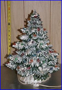 Vintage Ceramic Christmas Tree Green White Snow on Branches Doves with Base Light