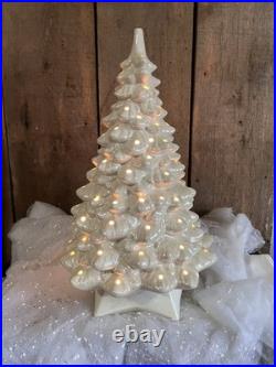 Vintage Ceramic Christmas Tree Iridescent White 22 Light + Music Box MCM
