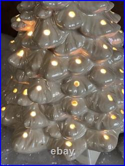 Vintage Ceramic Christmas Tree Iridescent White 22 Light + Music Box MCM