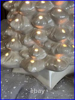 Vintage Ceramic Christmas Tree Iridescent White 22 Light + Music Box MCM