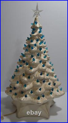 Vintage Ceramic Christmas Tree Iridescent White & Blue Bulbs 21 MCM WORKS Decor