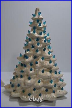 Vintage Ceramic Christmas Tree Iridescent White & Blue Bulbs 21 MCM WORKS Decor