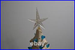 Vintage Ceramic Christmas Tree Iridescent White & Blue Bulbs 21 MCM WORKS Decor