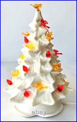 Vintage Ceramic Christmas Tree Lighted Base Red Bulbs Orange & Red Birds 10