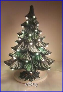 Vintage Ceramic Christmas Tree Lighted Green Holly on White Base 16 Tall