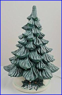 Vintage Ceramic Christmas Tree Lighted Green Holly on White Base 16 Tall