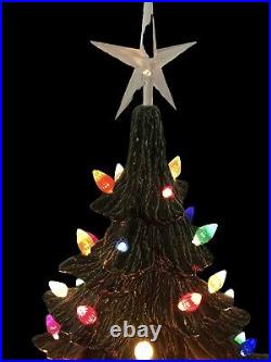 Vintage Ceramic Christmas Tree Multicolor Lights 12 Star Topped Holly Base