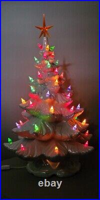 Vintage Ceramic Christmas Tree Pearl White Iridescent Lighted 19 Pink