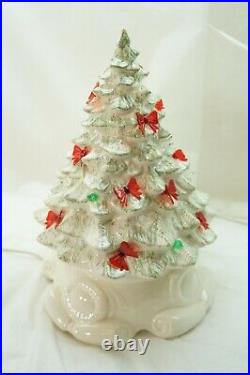 Vintage Ceramic Christmas Tree White Musical Silent Night Lighted Red Bows 2 Pc