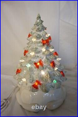 Vintage Ceramic Christmas Tree White Musical Silent Night Lighted Red Bows 2 Pc