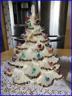 Vintage Ceramic Christmas Tree White W Gold, Colorful Lights Beautiful