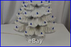 Vintage Ceramic Christmas Tree White with Blue Lights Flocked Musical Large 1970