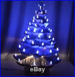 Vintage Ceramic Christmas Tree White with Blue Lights Flocked Musical Large 1970