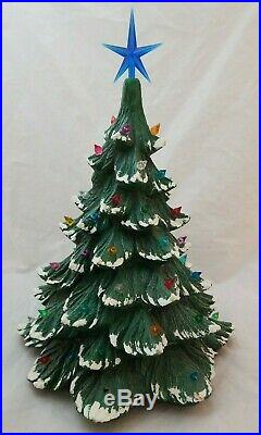 Vintage Ceramic Christmas Tree With Holly Base Complete With Bulbs & Star 17 x 12