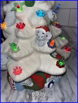 Vintage Ceramic Christmas Tree with Mice Mouse On Lighted Base Gifts Complete