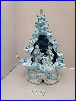 Vintage Ceramic Christmas Tree with Nativity Scene Light Blue / Baby Blue