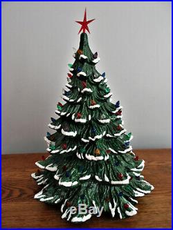 Vintage Ceramic Christmas Tree withBase Atlantic Mold Lights Star Snow Flock 22