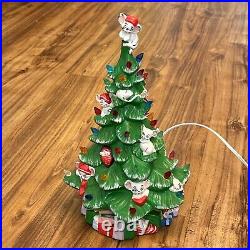 Vintage Ceramic Christmas Tree withMice & Gifts Hand Painted 12 With Light Kit