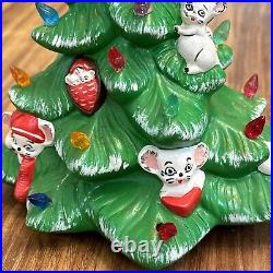 Vintage Ceramic Christmas Tree withMice & Gifts Hand Painted 12 With Light Kit