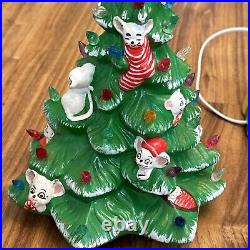 Vintage Ceramic Christmas Tree withMice & Gifts Hand Painted 12 With Light Kit