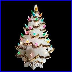 Vintage Ceramic Flocked Christmas Tree 14 With White Gold Trim Music Box 2 Pc LG