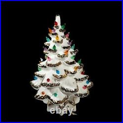 Vintage Ceramic Flocked Christmas Tree 14 With White Gold Trim Music Box 2 Pc LG