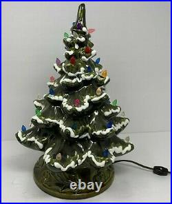 Vintage Ceramic Flocked Christmas Tree 16 inch Emerald Green Multi Color Lights