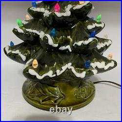Vintage Ceramic Flocked Christmas Tree 16 inch Emerald Green Multi Color Lights