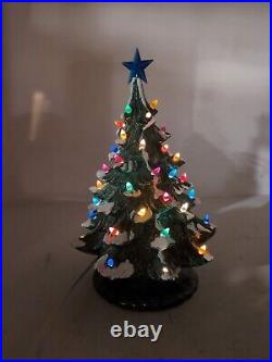 Vintage Ceramic Flocked Lighted Christmas Tree 18 inches With Music Box WORKS