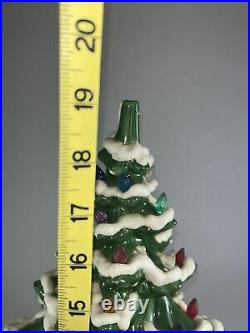 Vintage Ceramic Green Christmas Tree 19 Flocked Snow 2 Piece Music Box Works