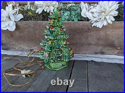 Vintage Ceramic Green Christmas Tree with Multicolored Lights and Base