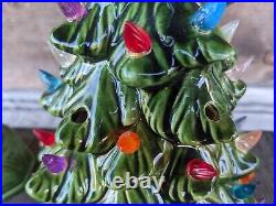 Vintage Ceramic Green Christmas Tree with Multicolored Lights and Base